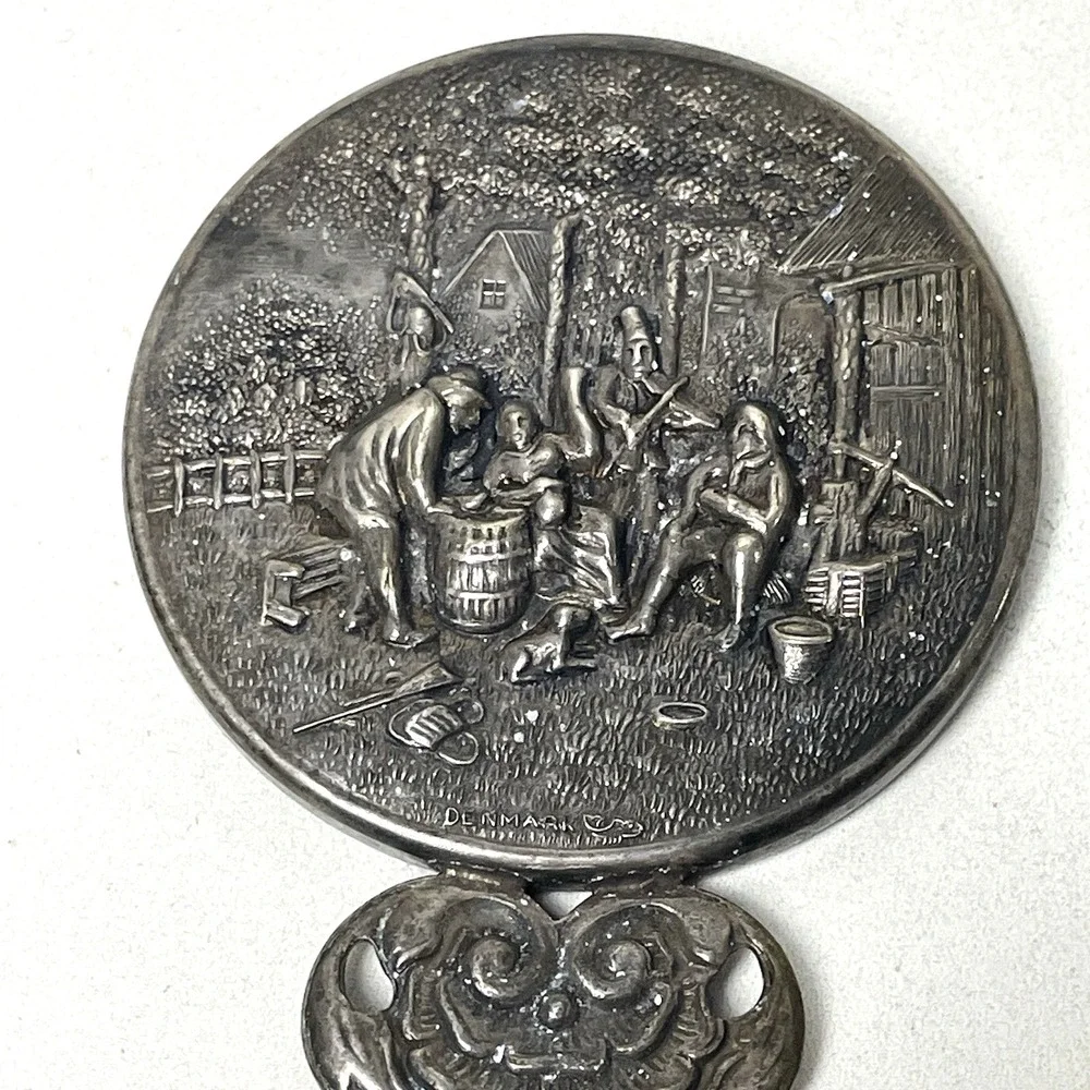 Vintage Hans Jensen Denmark Silverplate Repousse Hand Mirror Tavern Scene 4.5